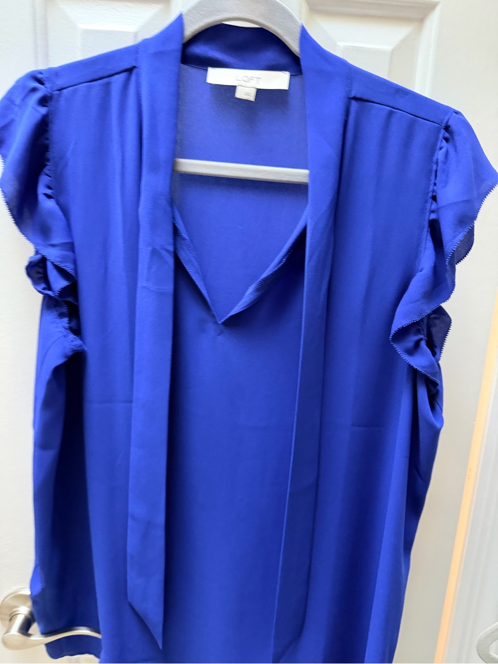 LOFT Cobalt Blue Tie-Neck Ruffle Sleeve Blouse - Picture 6 of 6